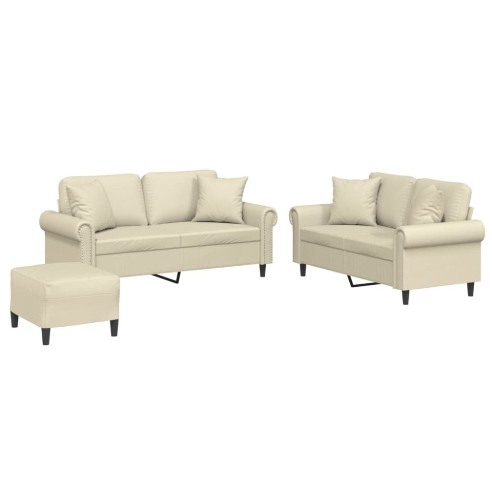 vidaXL Set de canapele cu perne, 3 piese, crem, piele ecologică