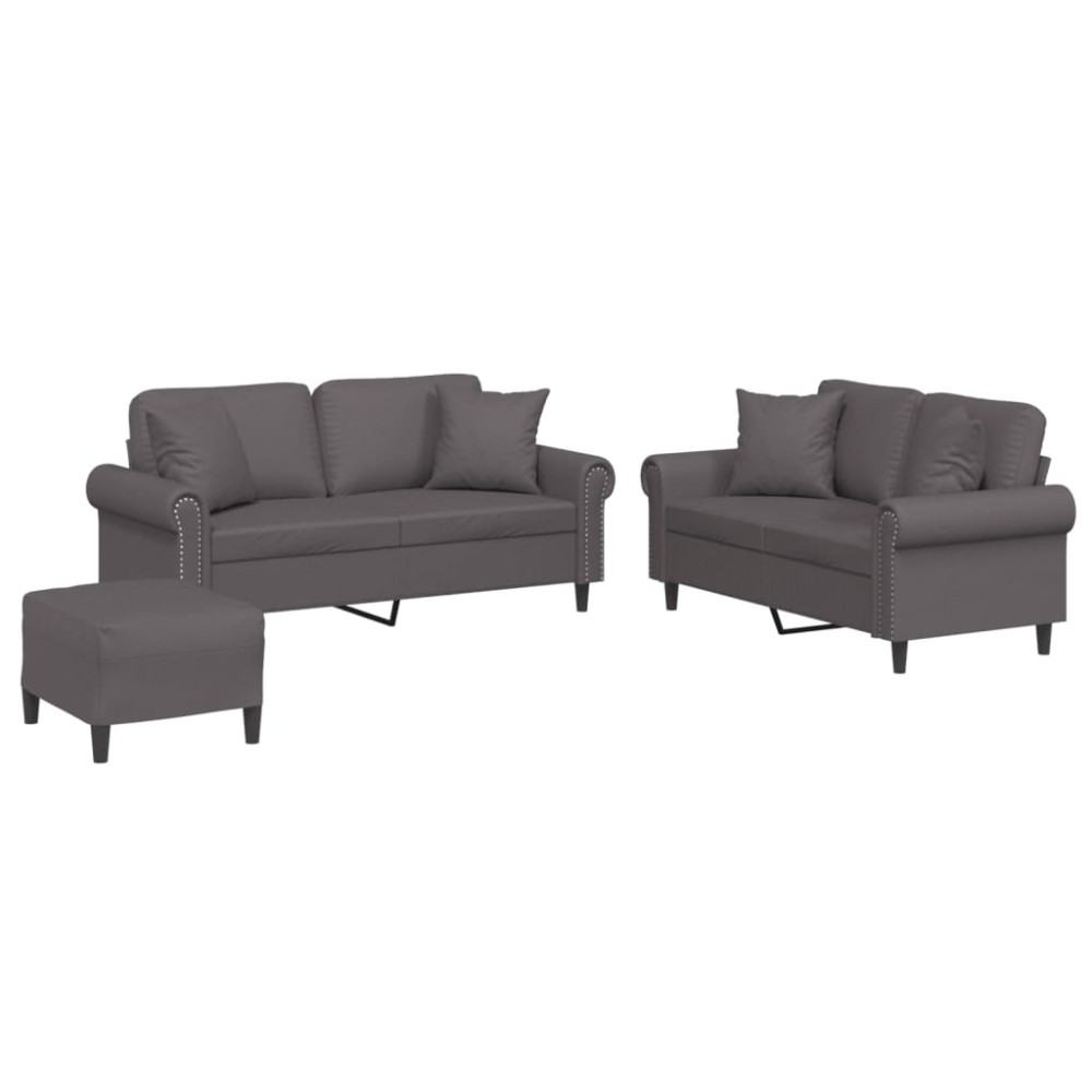 vidaXL Set de canapele cu perne, 3 piese, gri, piele ecologică
