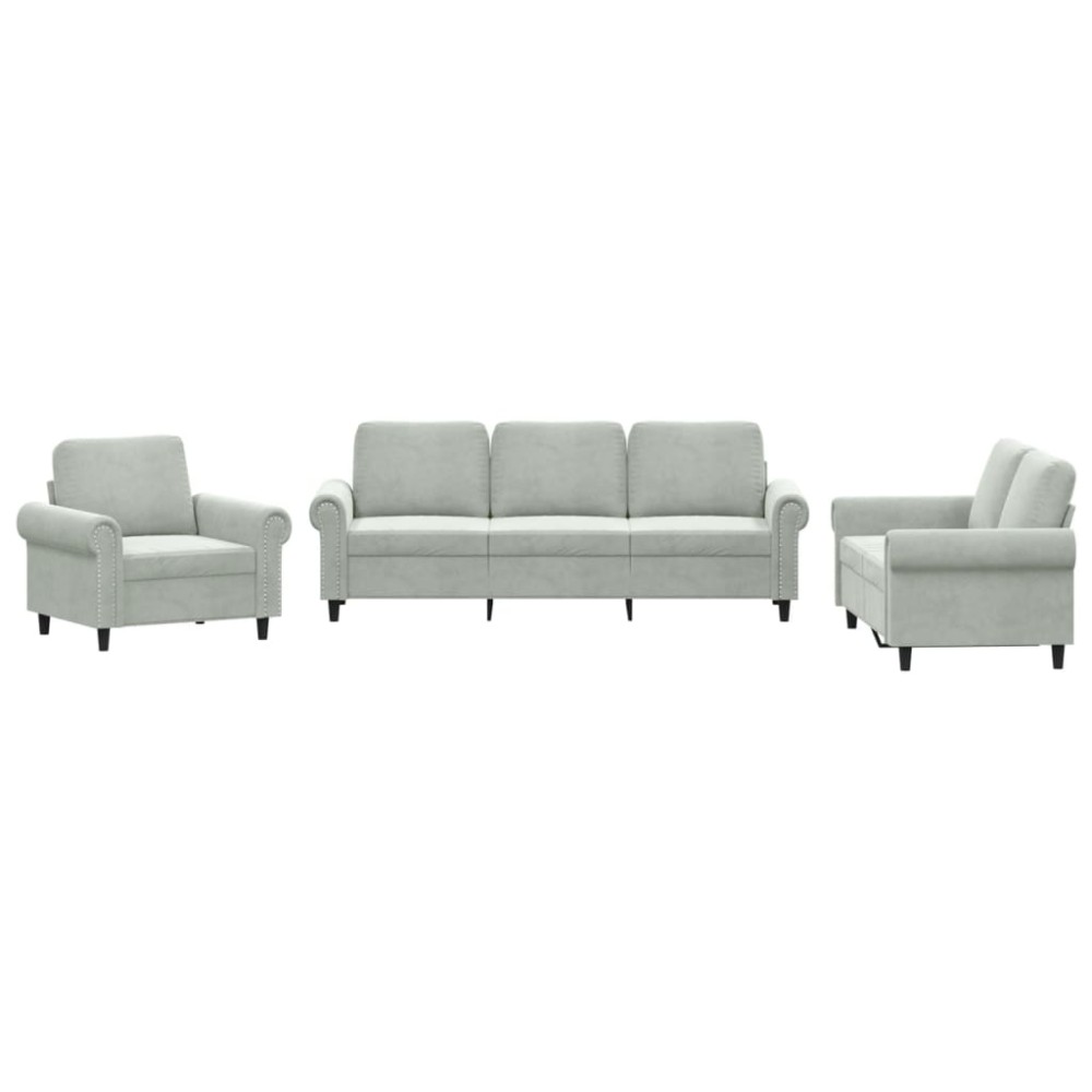 vidaXL Set de canapele cu perne, 3 piese, gri deschis, catifea