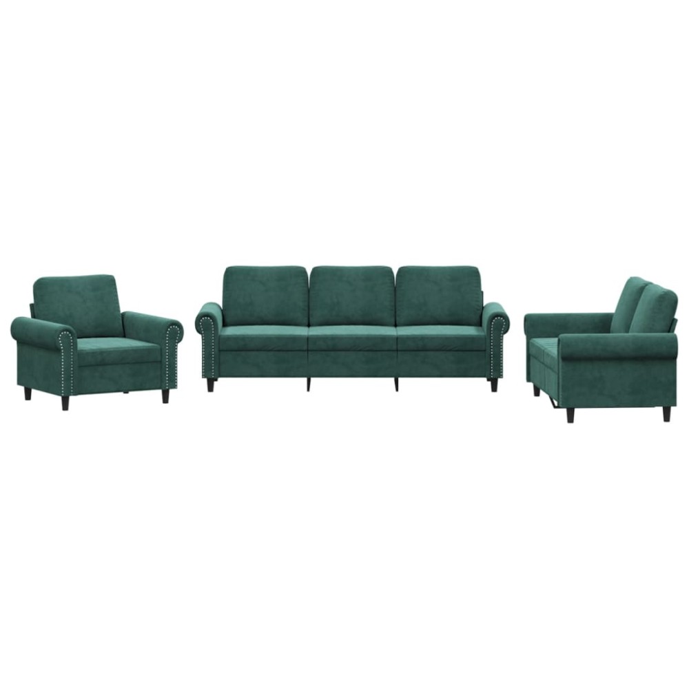 vidaXL Set de canapele cu perne, 3 piese, verde închis, catifea