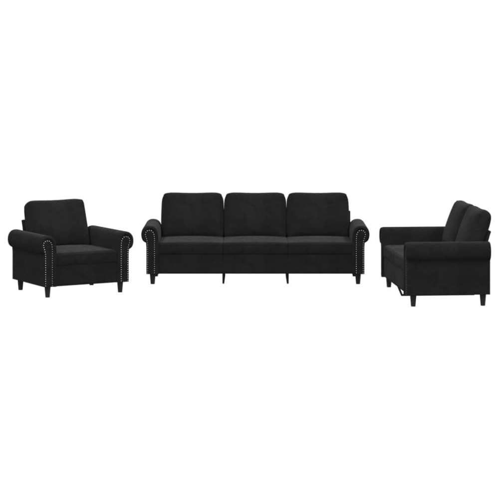 vidaXL Set de canapele cu perne, 3 piese, negru, catifea