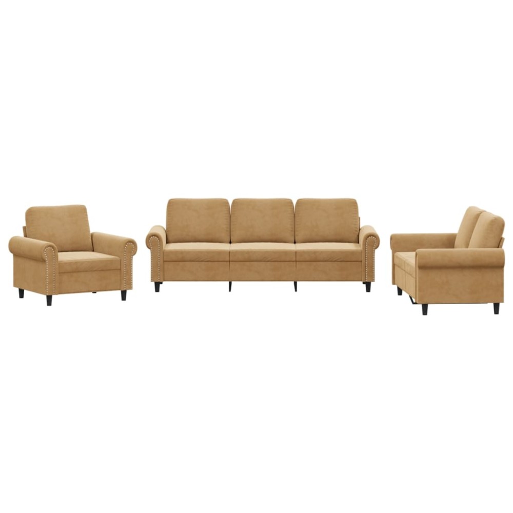 vidaXL Set de canapele cu perne, 3 piese, maro, catifea