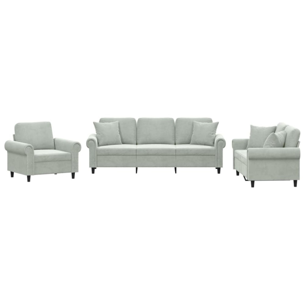 vidaXL Set de canapele, 3 piese, cu perne, gri deschis, catifea