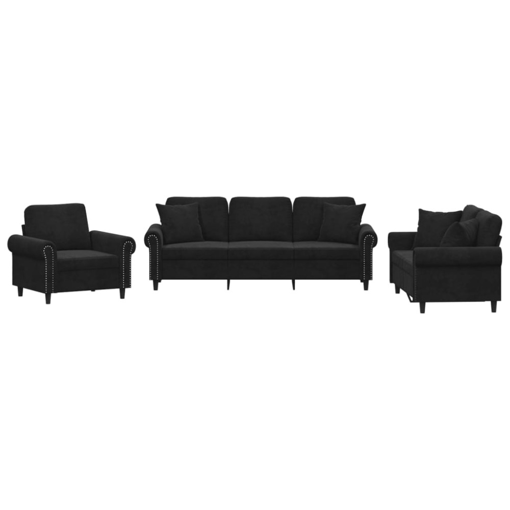 vidaXL Set de canapele cu perne, 3 piese, negru, catifea