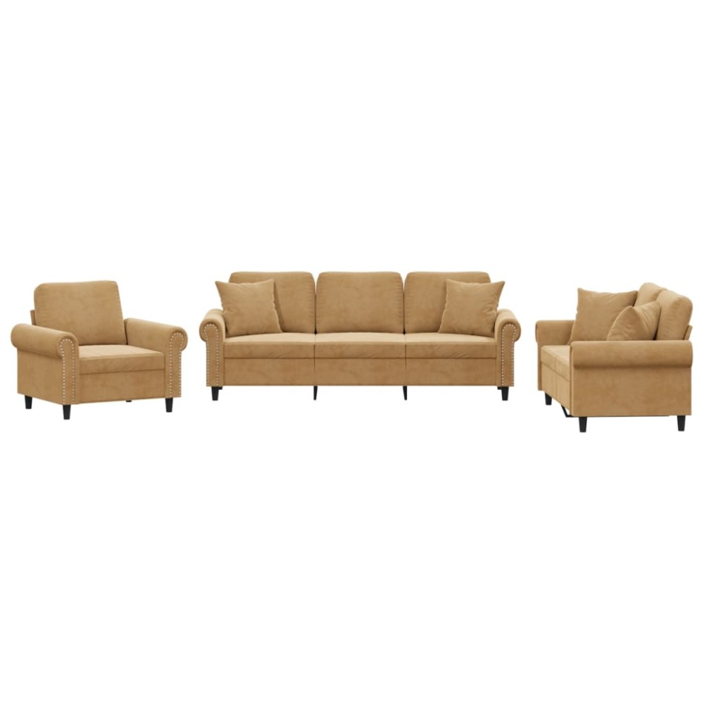 vidaXL Set de canapele cu perne, 3 piese, maro, catifea