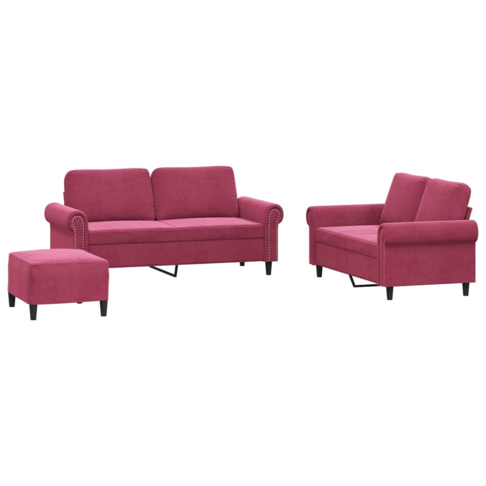 vidaXL Set canapea cu perne, 3 piese, roșu vin, catifea