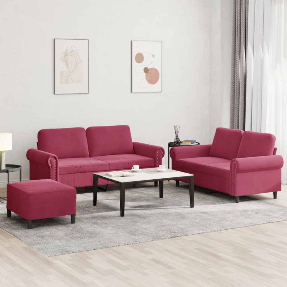vidaXL Set canapea cu perne, 3 piese, roșu vin, catifea