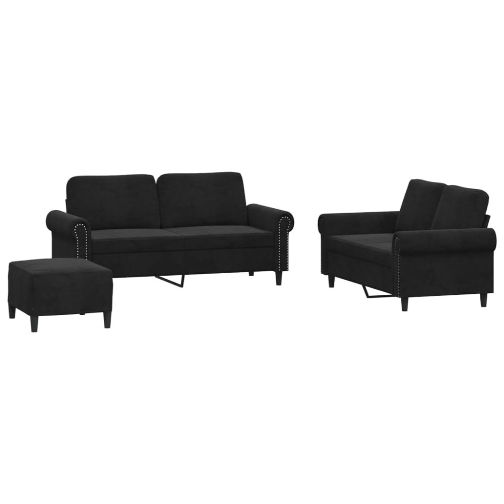 vidaXL Set de canapele cu perne, 3 piese, negru, catifea