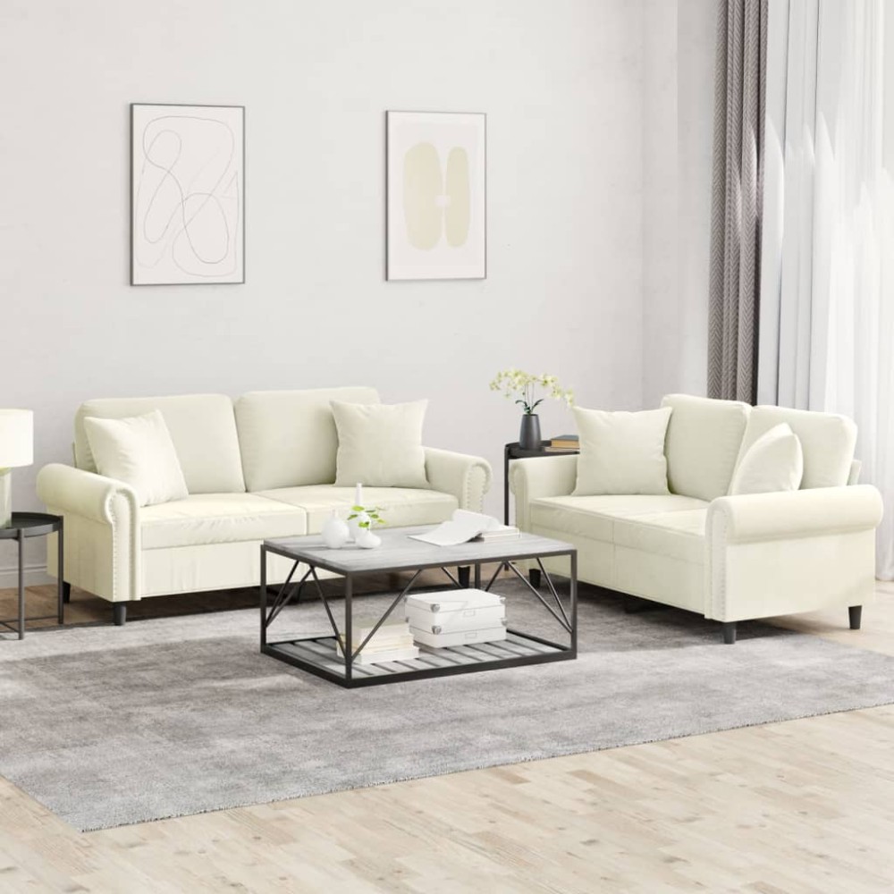 vidaXL Set de canapele cu perne, 2 piese, crem, catifea