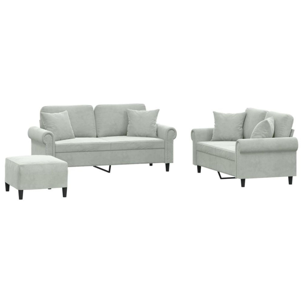 vidaXL Set de canapele, 3 piese, cu perne, gri deschis, catifea