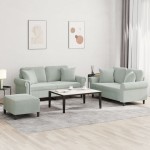 vidaXL Set de canapele, 3 piese, cu perne, gri deschis, catifea vidaXL Set de canapele, 3 piese, cu perne, gri deschis, catifea