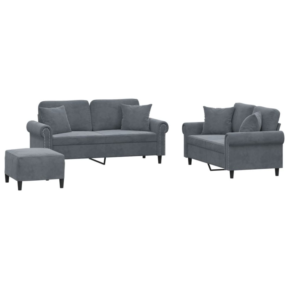 vidaXL Set canapea cu perne, 3 piese, gri închis, catifea