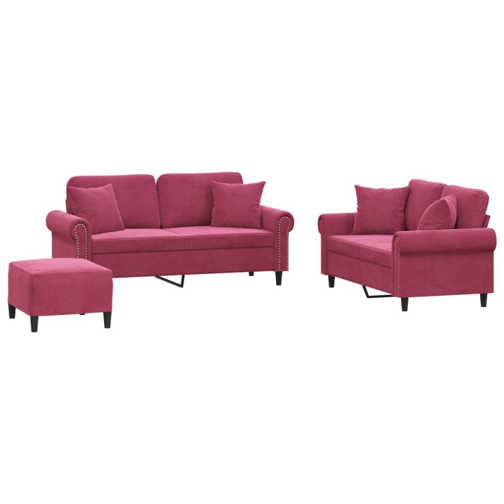 vidaXL Set canapele cu perne, 3 piese, roșu vin, catifea