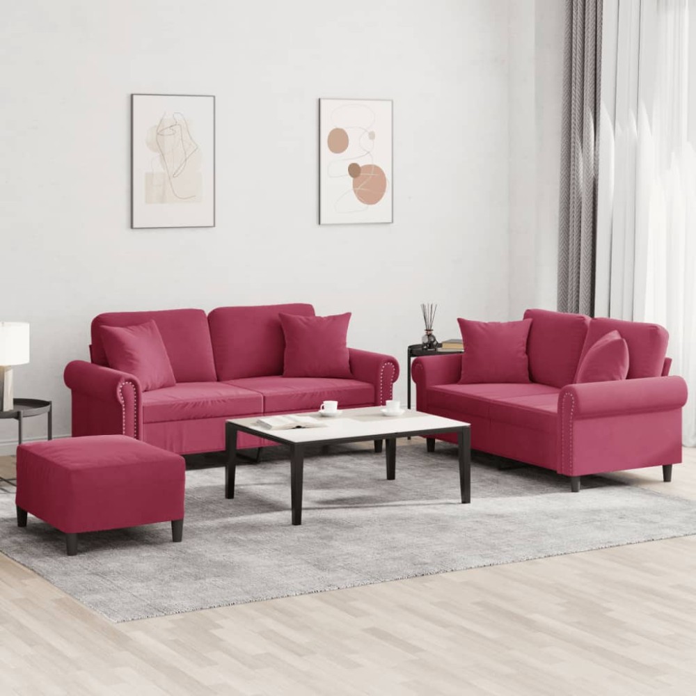 vidaXL Set canapele cu perne, 3 piese, roșu vin, catifea