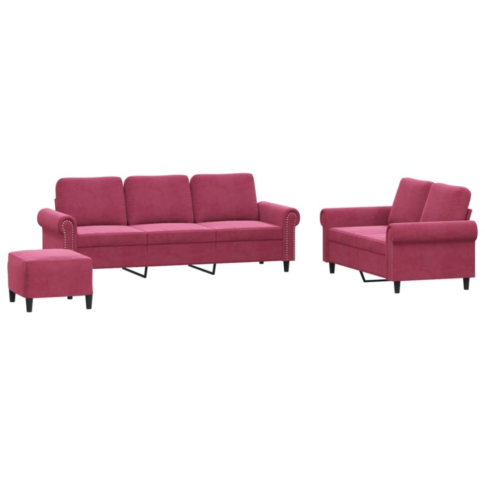 vidaXL Set canapea cu perne, 3 piese, roșu vin, catifea
