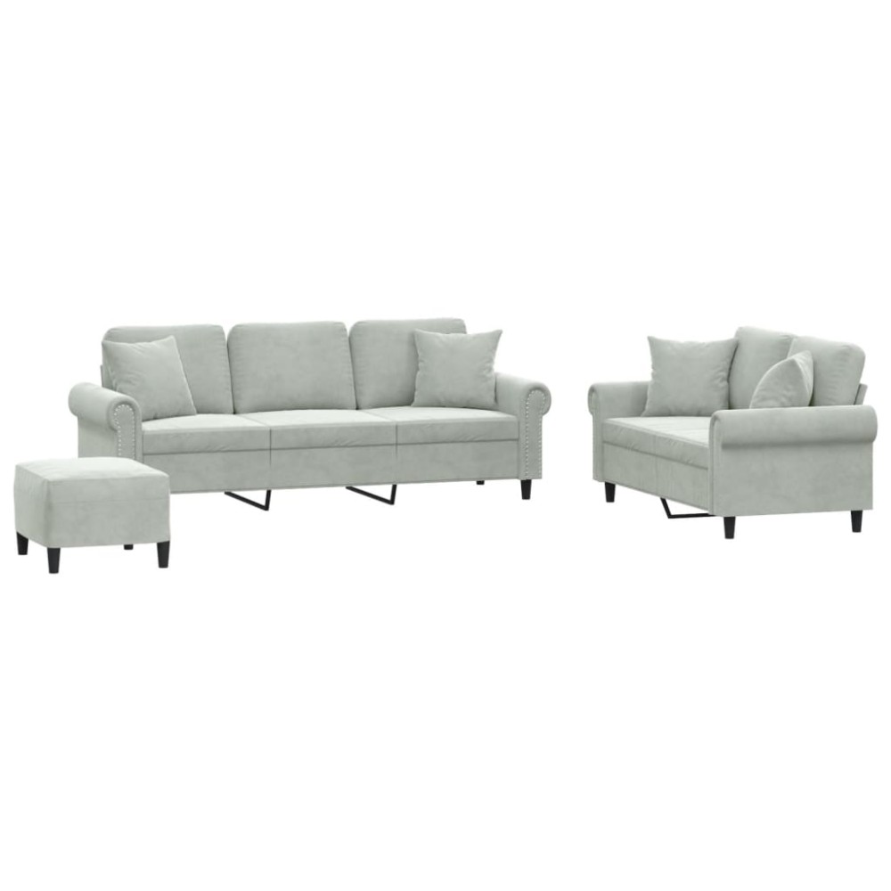vidaXL Set de canapele, 3 piese, cu perne, gri deschis, catifea