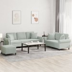 vidaXL Set de canapele, 3 piese, cu perne, gri deschis, catifea vidaXL Set de canapele, 3 piese, cu perne, gri deschis, catifea