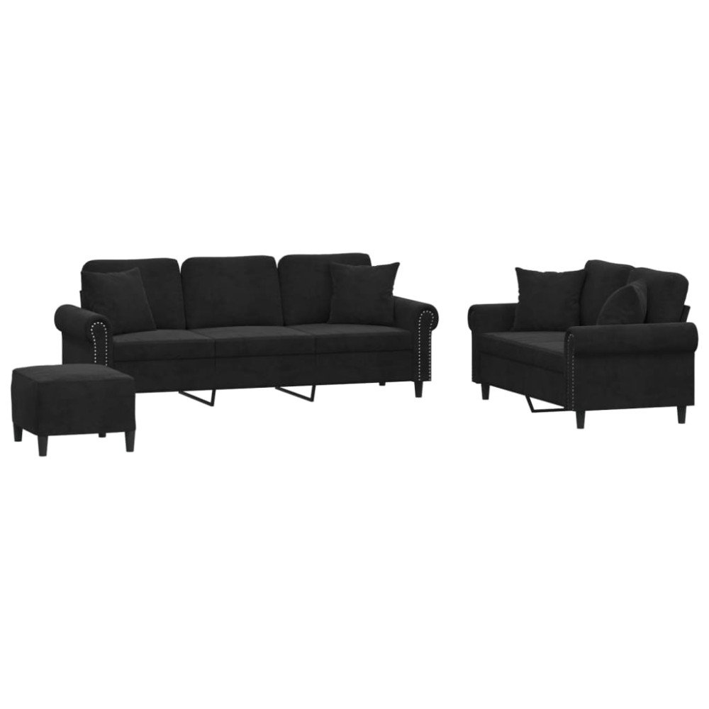 vidaXL Set de canapele cu perne, 3 piese, negru, catifea