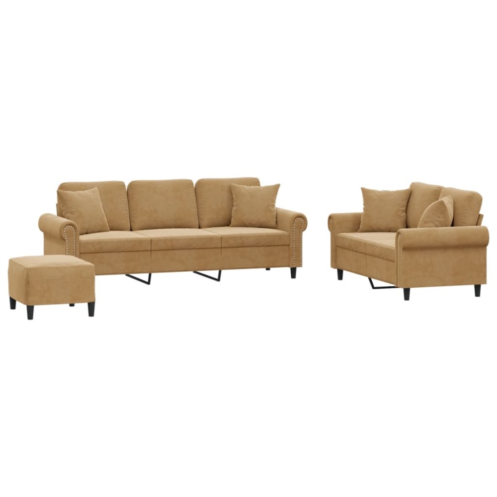 vidaXL Set de canapele cu perne, 3 piese, maro, catifea