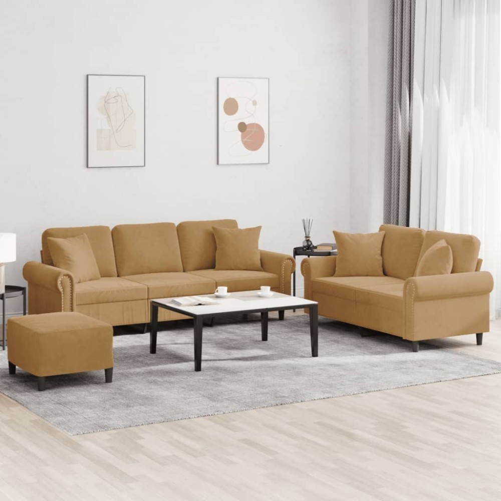 vidaXL Set de canapele cu perne, 3 piese, maro, catifea