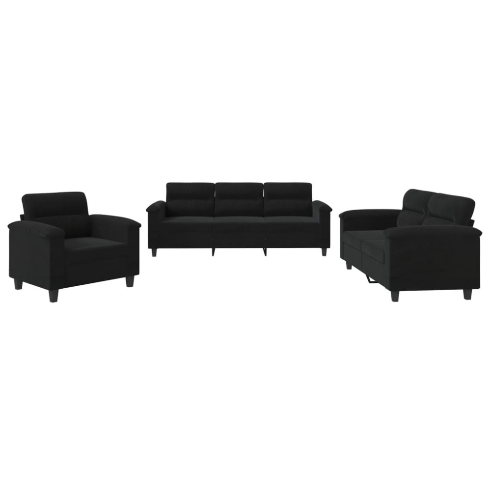 vidaXL Set de canapele cu perne, 3 piese, negru, microfibră