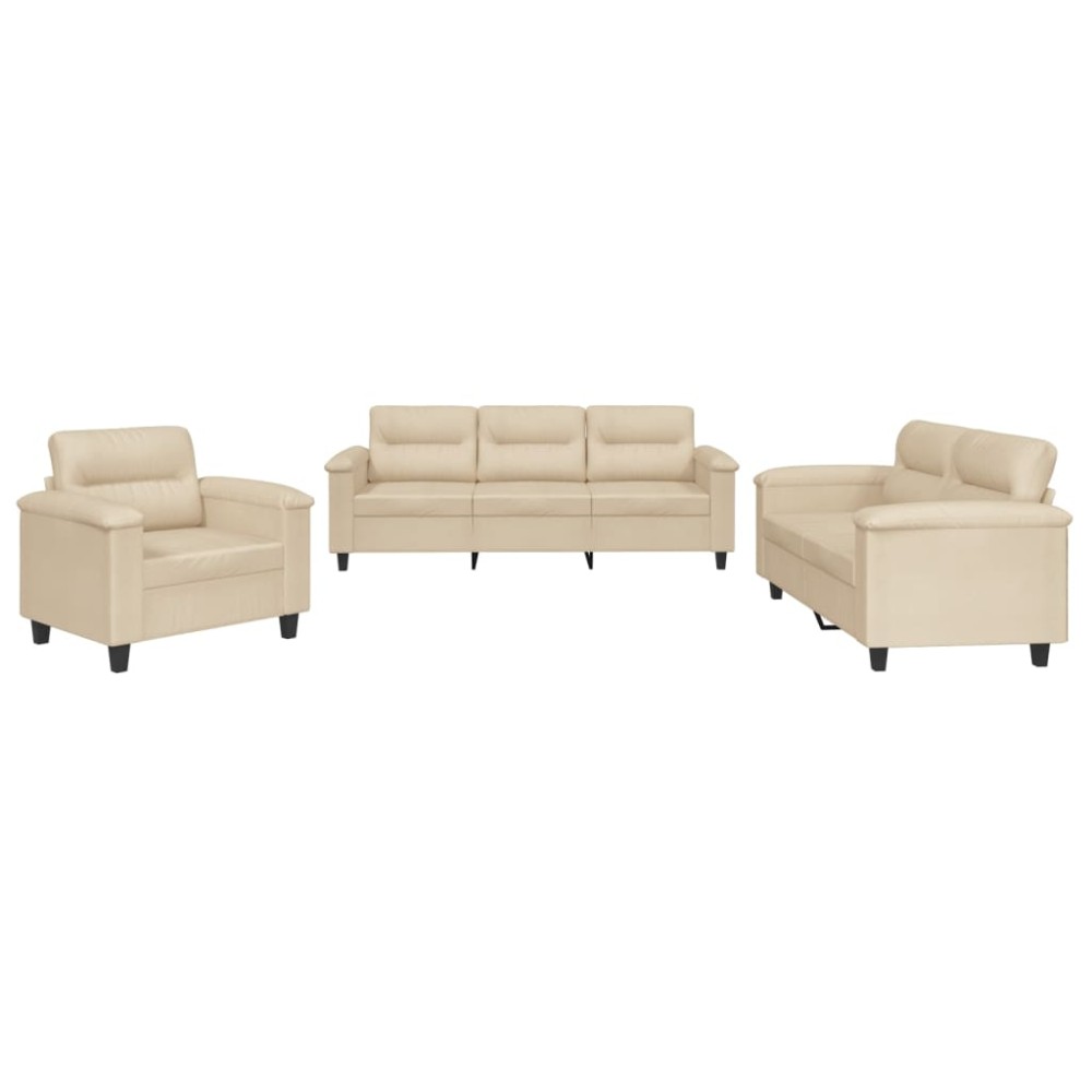 vidaXL Set de canapele cu perne, 3 piese, crem, microfibră