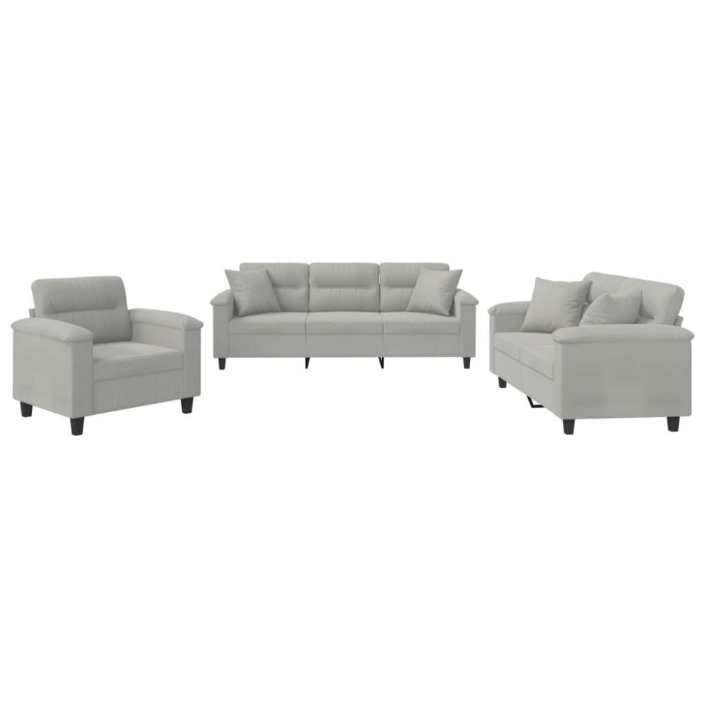 vidaXL Set de canapele cu perne, 3 piese, gri deschis, microfibră