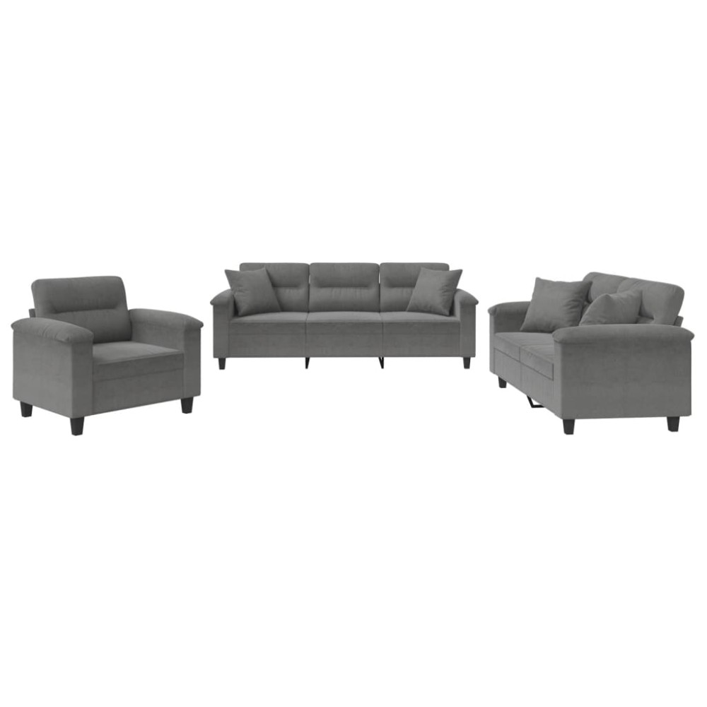 vidaXL Set de canapele cu perne, 3 piese, gri închis, microfibră