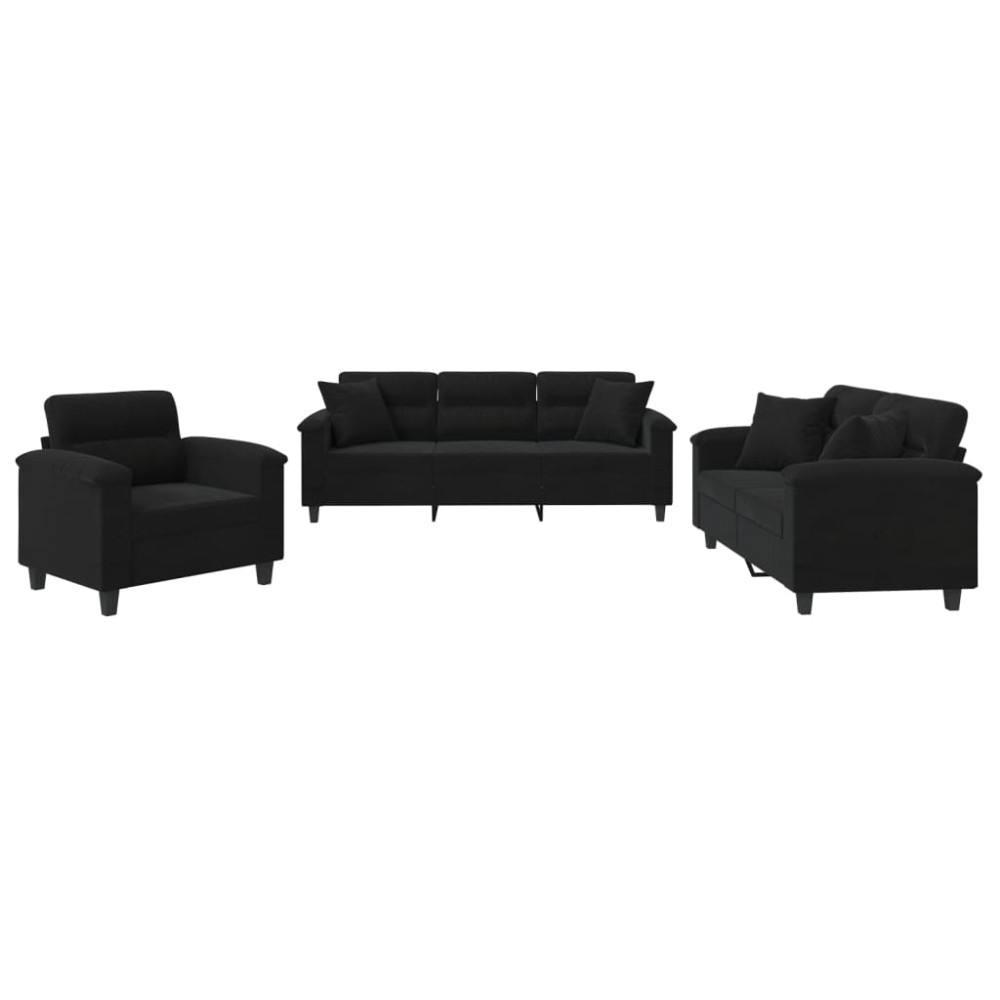 vidaXL Set de canapele cu perne, 3 piese, negru, microfibră