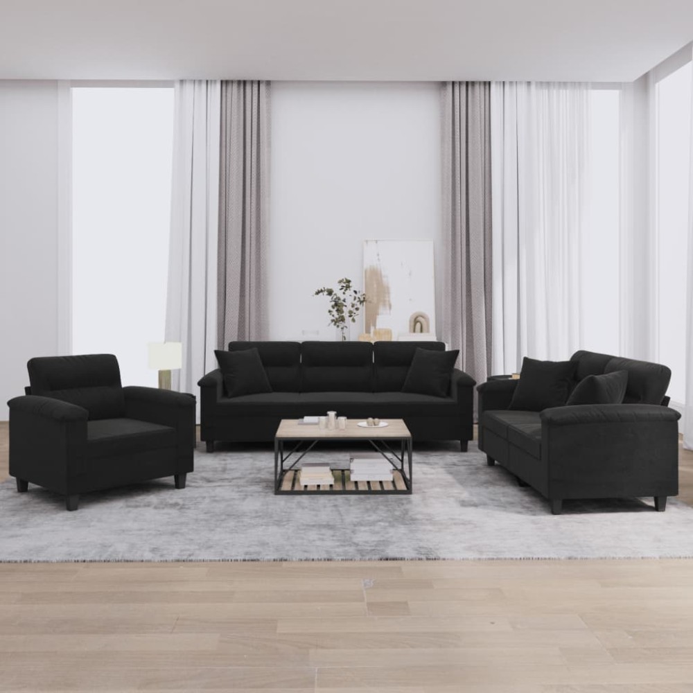vidaXL Set de canapele cu perne, 3 piese, negru, microfibră