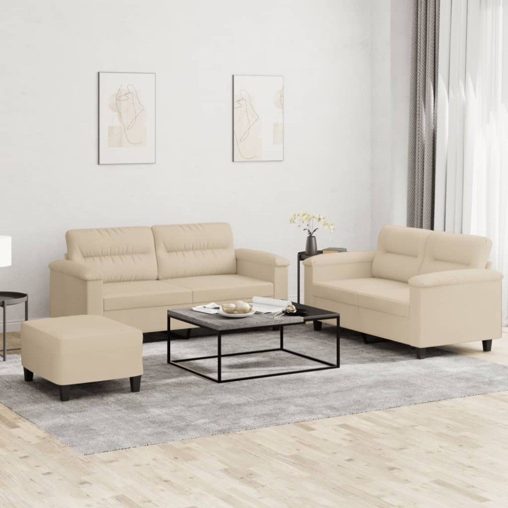 vidaXL Set de canapele cu perne, 3 piese, crem, microfibră