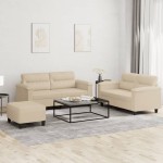 vidaXL Set de canapele cu perne, 3 piese, crem, microfibră vidaXL Set de canapele cu perne, 3 piese, crem, microfibră