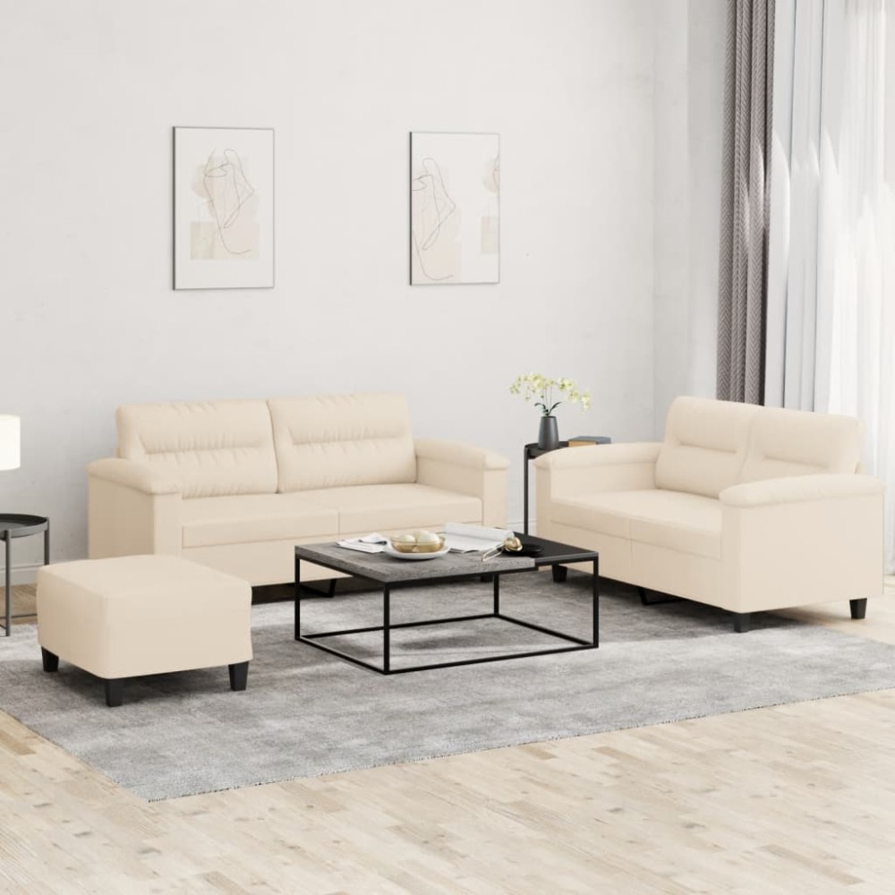 vidaXL Set de canapele cu perne, 3 piese, bej, microfibră