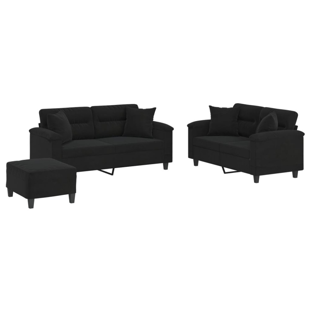 vidaXL Set de canapele cu perne, 3 piese, negru, microfibră