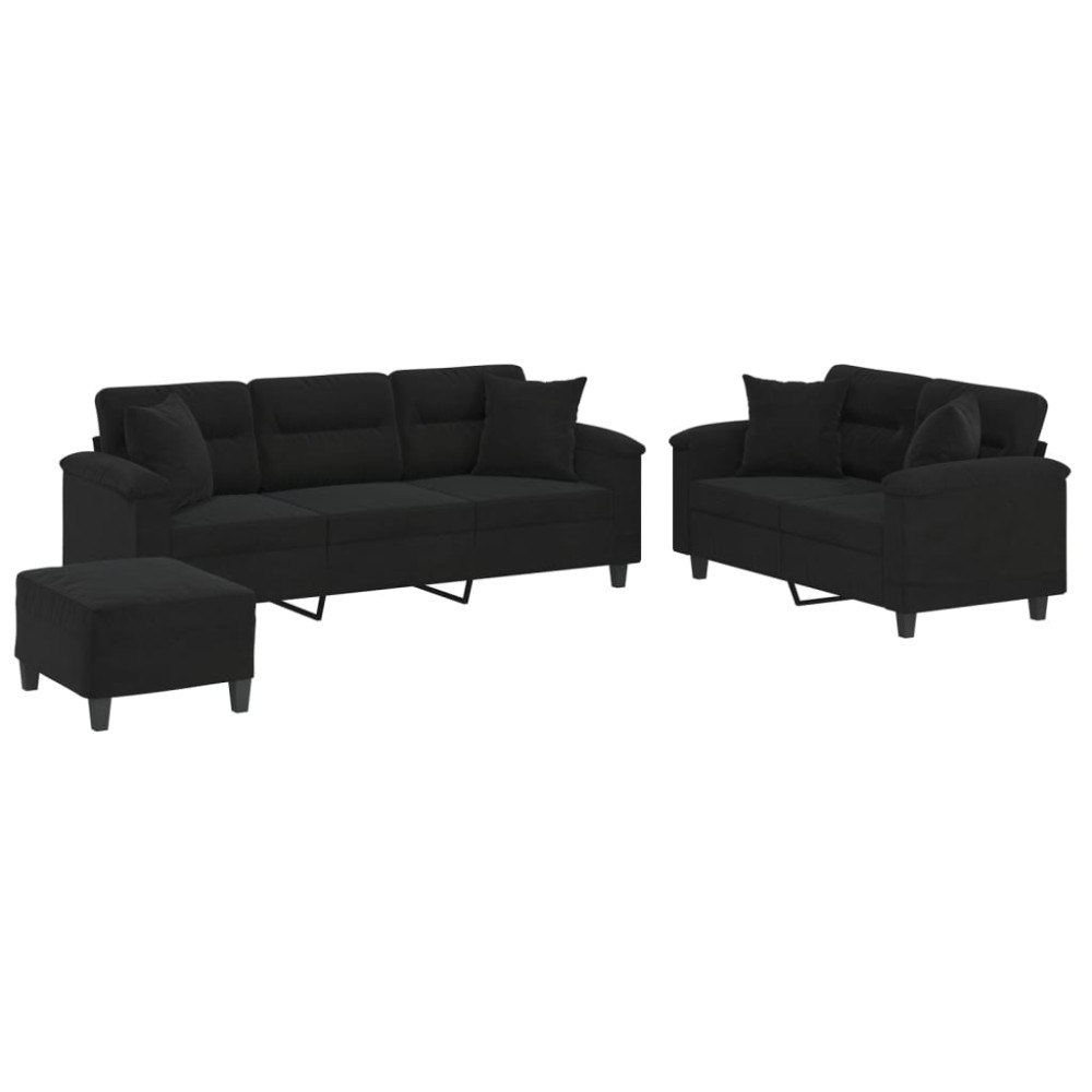 vidaXL Set de canapele cu perne, 3 piese, negru, microfibră