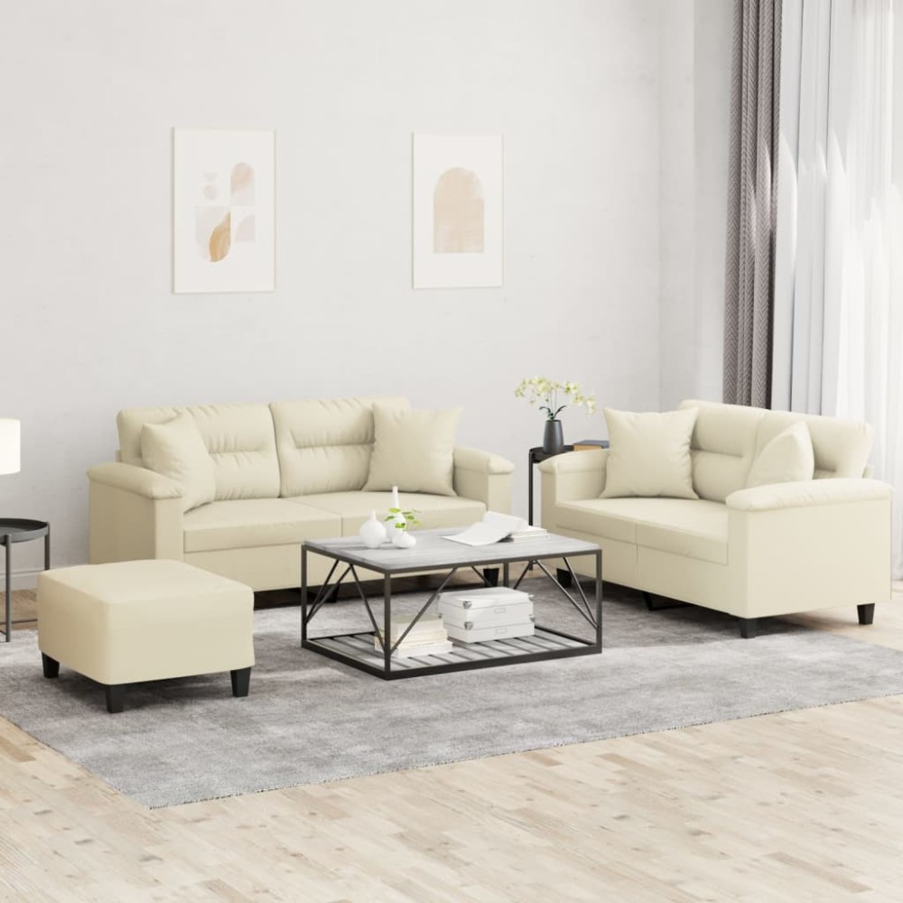 vidaXL Set de canapele cu perne, 3 piese, crem, piele ecologică
