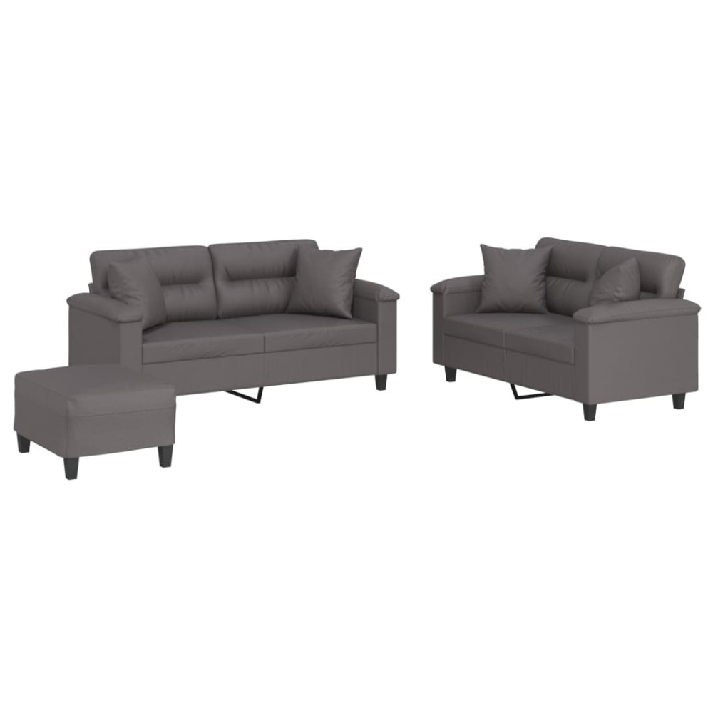 vidaXL Set de canapele cu perne, 3 piese, gri, piele ecologică