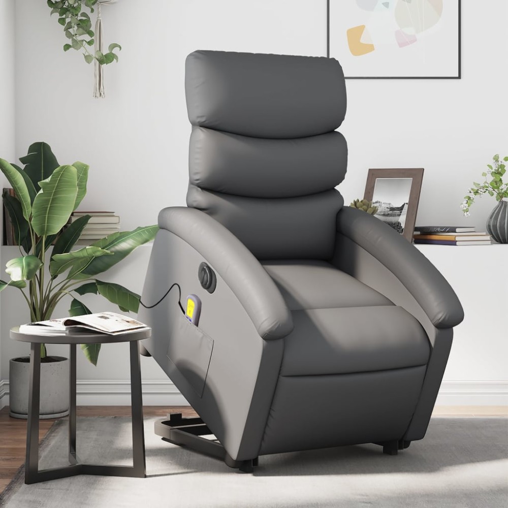 vidaXL Fotoliu masaj rabatabil electric cu ridicare, gri, piele eco