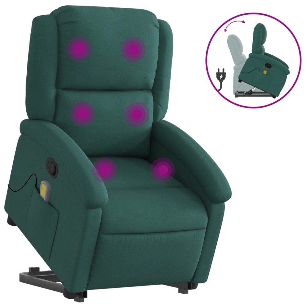 vidaXL Fotoliu rabatabil de masaj, cu ridicare, verde închis, textil