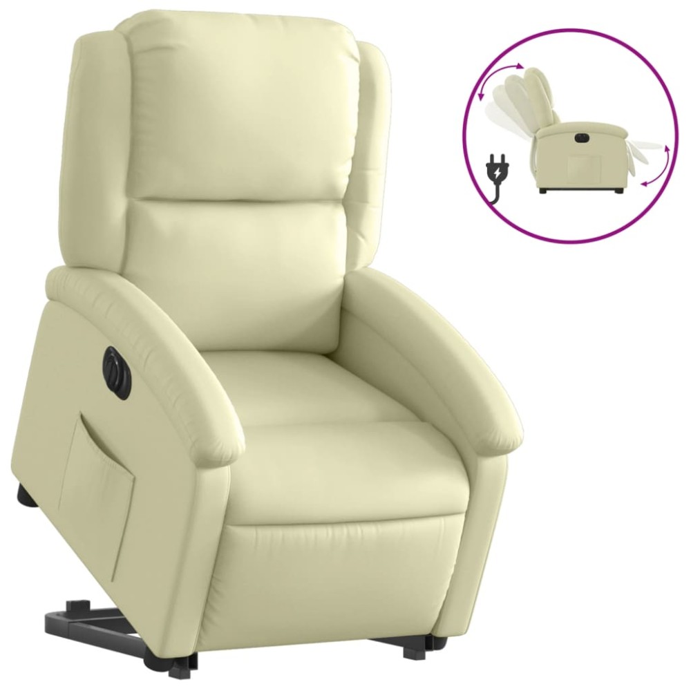 vidaXL Fotoliu rabatabil electric cu ridicare, crem, piele naturală