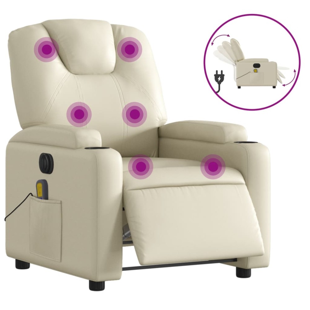vidaXL Fotoliu electric de masaj rabatabil, crem, piele ecologică