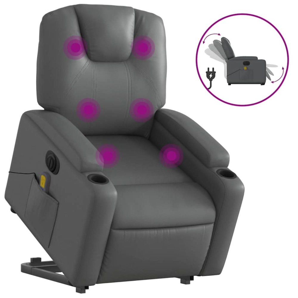 vidaXL Fotoliu masaj rabatabil electric cu ridicare, gri, piele eco