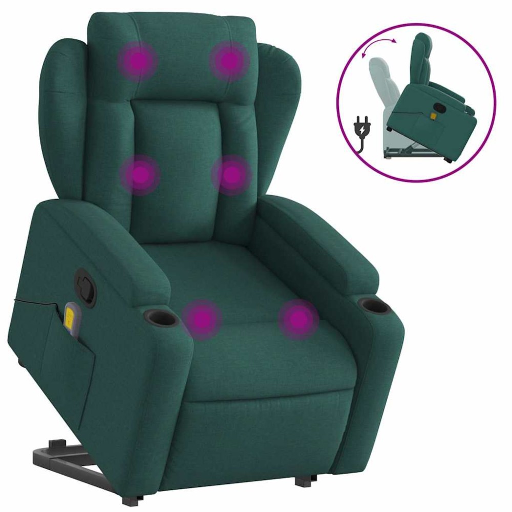 vidaXL Fotoliu rabatabil de masaj, cu ridicare, verde închis, textil