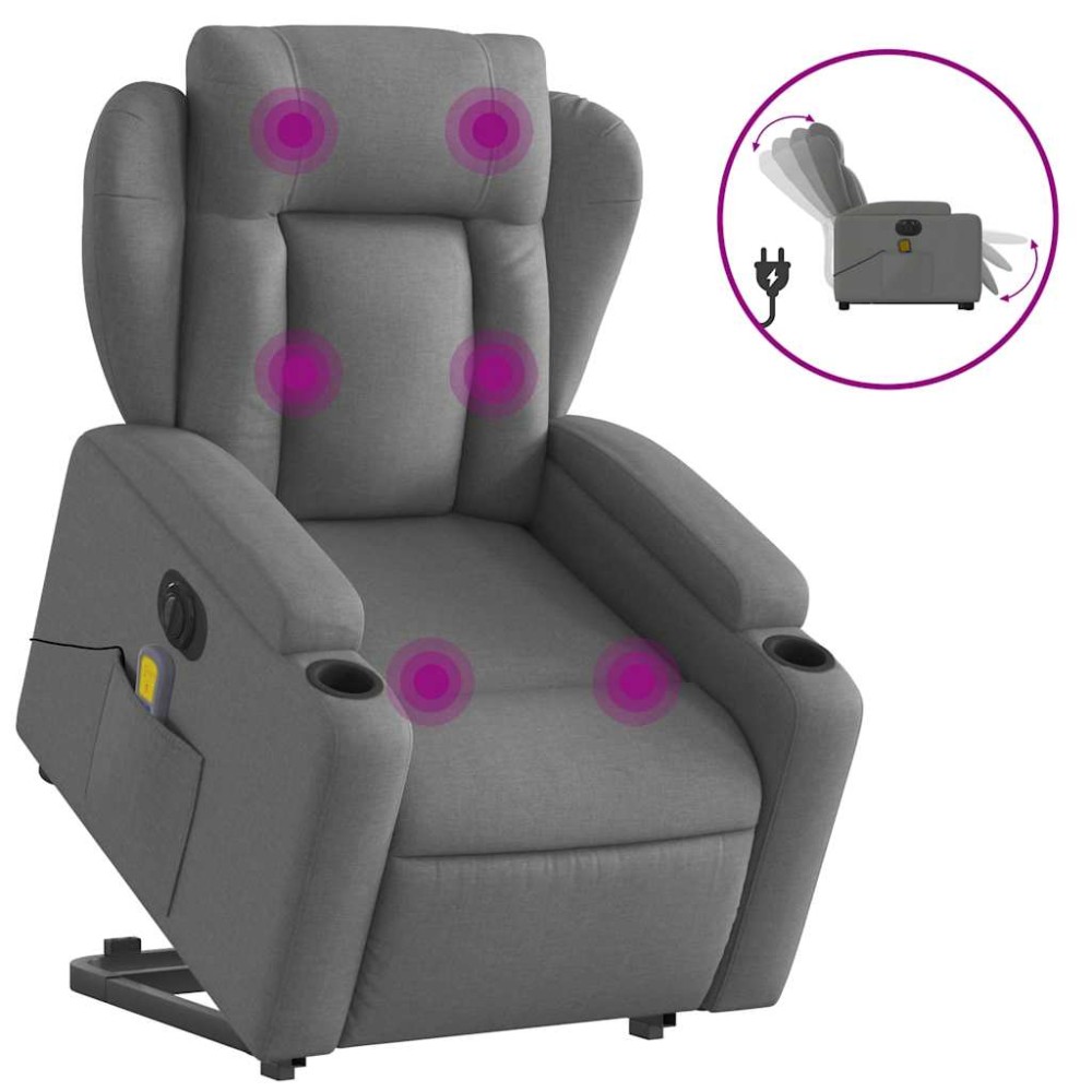vidaXL Fotoliu electric masaj rabatabil cu ridicare, gri închis textil