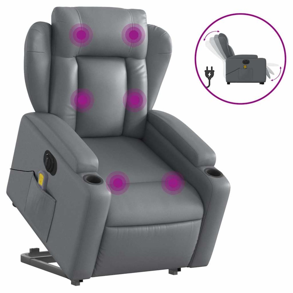 vidaXL Fotoliu masaj rabatabil electric cu ridicare, gri, piele eco