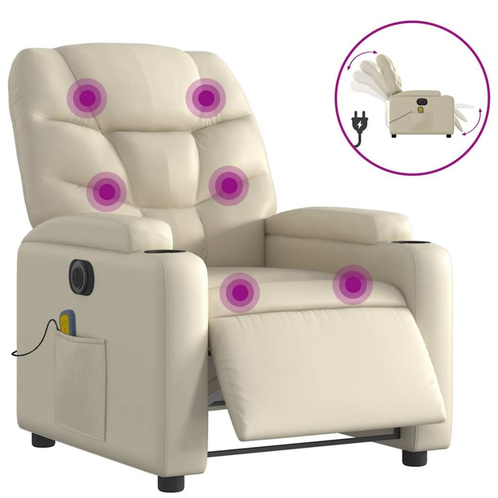 vidaXL Fotoliu electric de masaj rabatabil, crem, piele ecologică