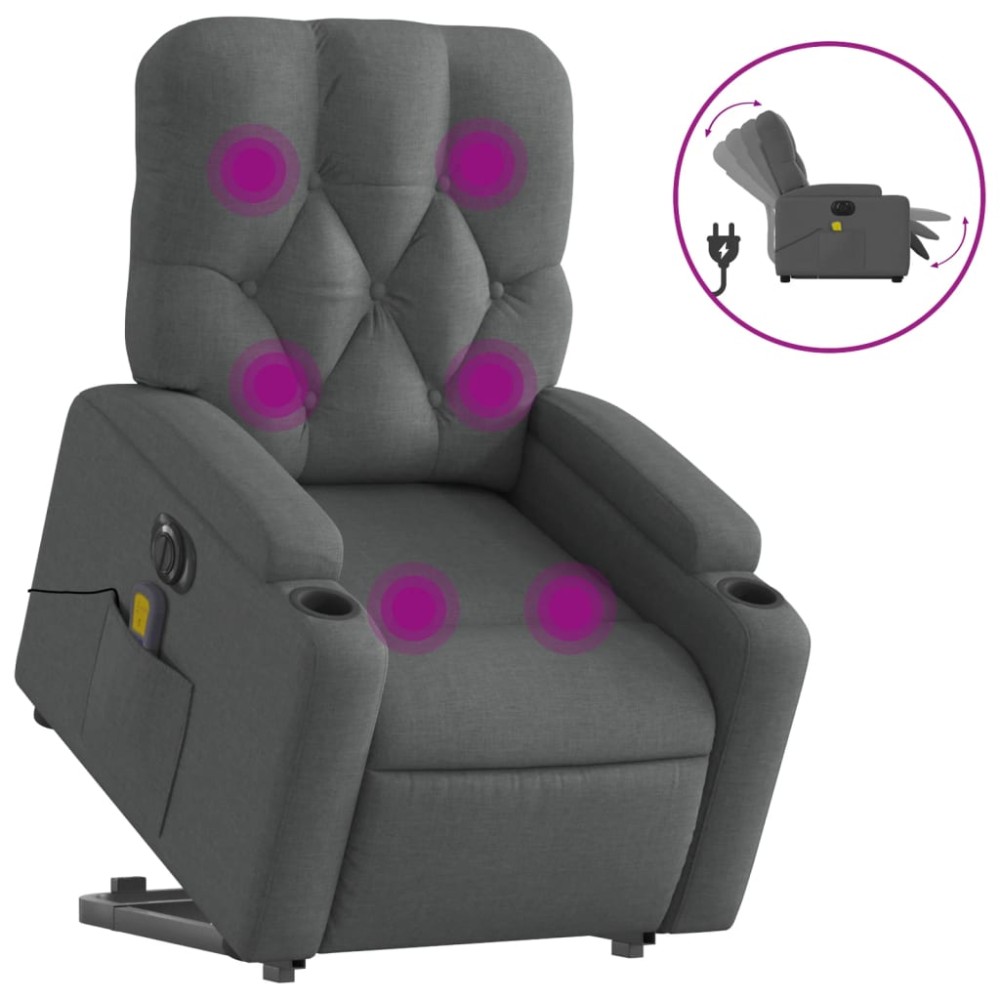 vidaXL Fotoliu electric masaj rabatabil cu ridicare, gri închis textil