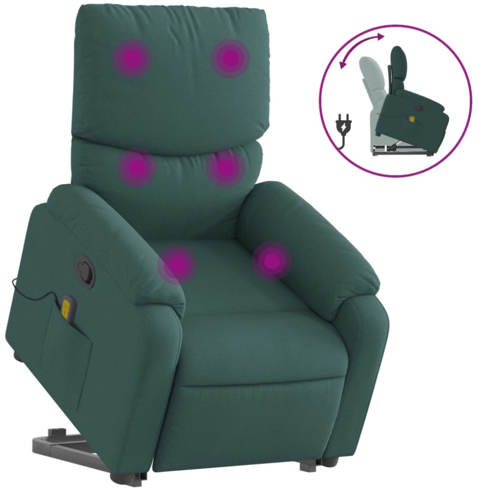 vidaXL Fotoliu rabatabil de masaj, cu ridicare, verde închis, textil
