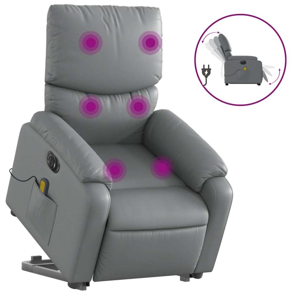 vidaXL Fotoliu masaj rabatabil electric cu ridicare, gri, piele eco