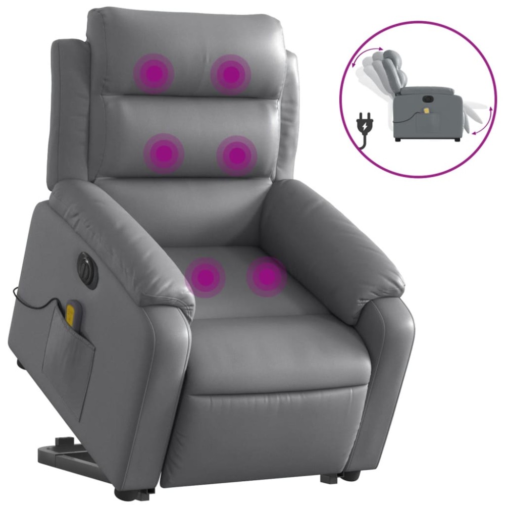 vidaXL Fotoliu masaj rabatabil electric cu ridicare, gri, piele eco